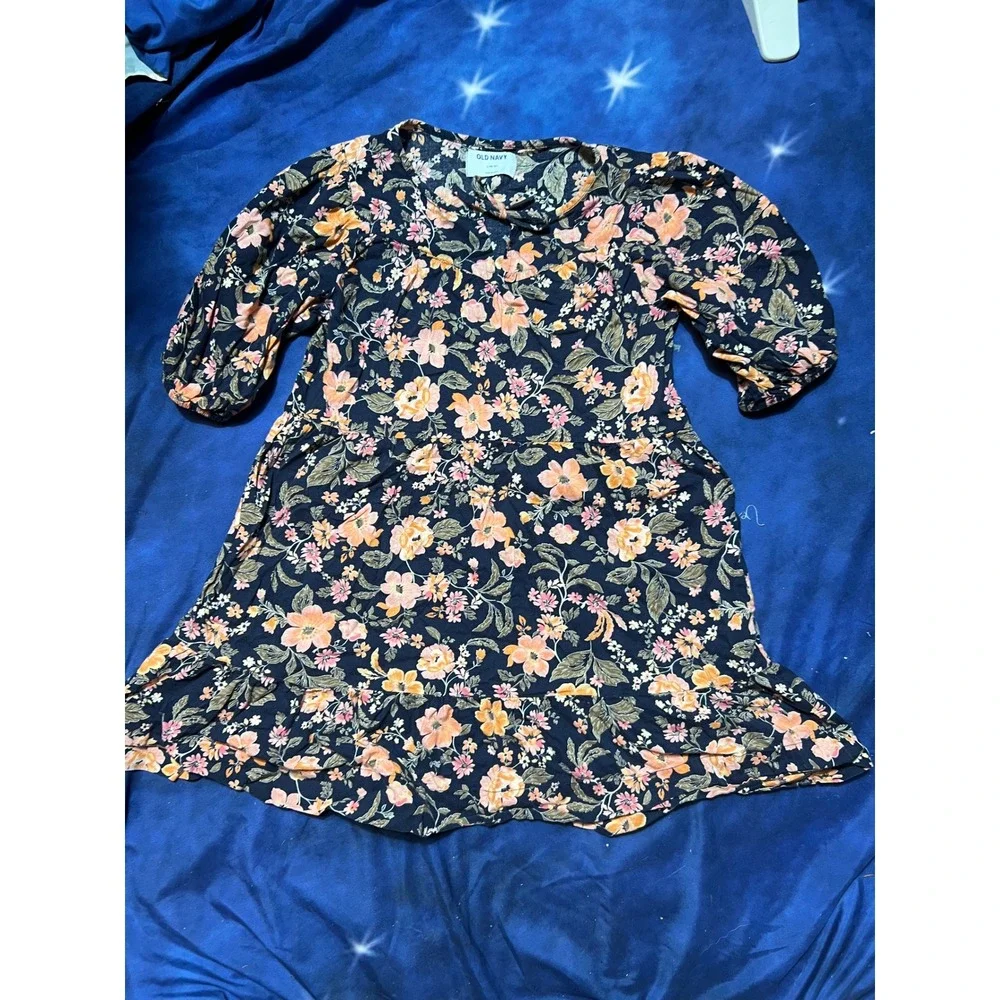 Old Navy Girls Floral Dress Navy Blue Peach Pink Ruffle Hem Size L 10-12